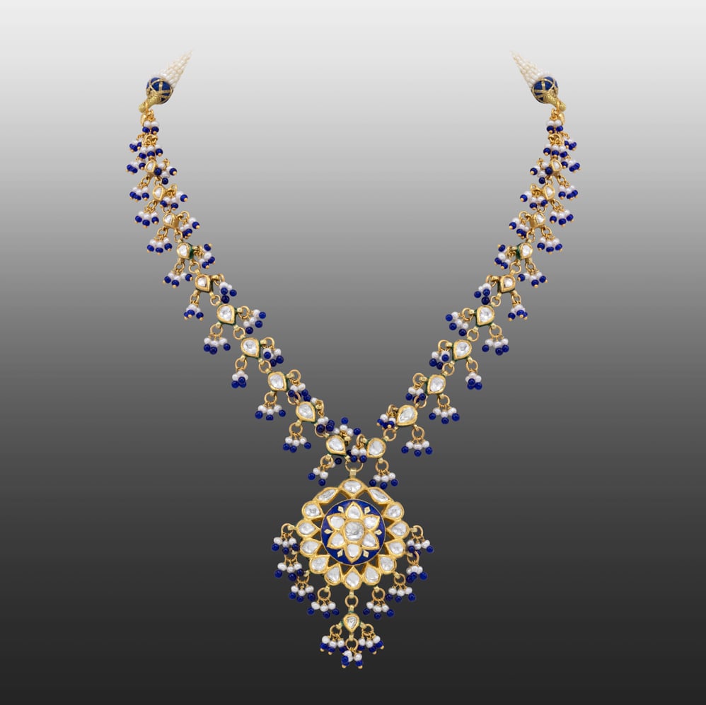 Blue Enamel Polki Necklace with Pearl and Bead Accents